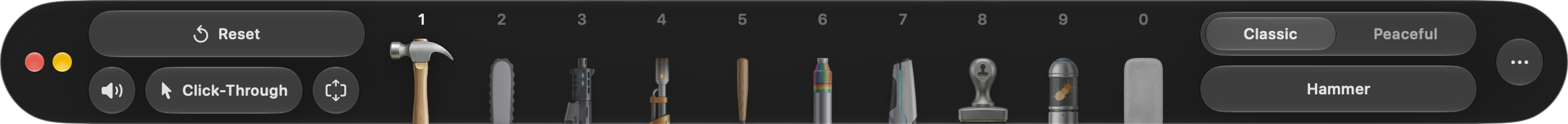 DeskSmash 1.1.1 toolbar in Classic mode, with native window controls and the Classic and Peaceful mode selector