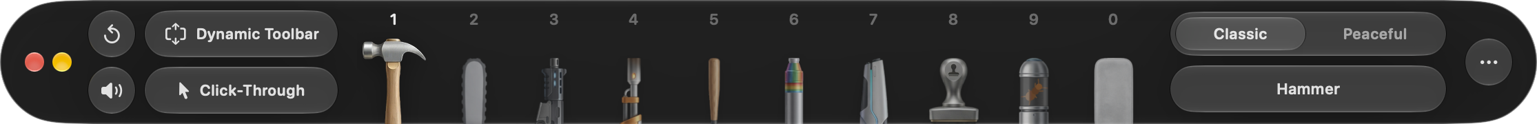 DeskSmash toolbar with Classic selected, showing hammer, chainsaw, machine gun, flamethrower, baseball bat, painting, phaser, stamp, critters, and polishing cloth