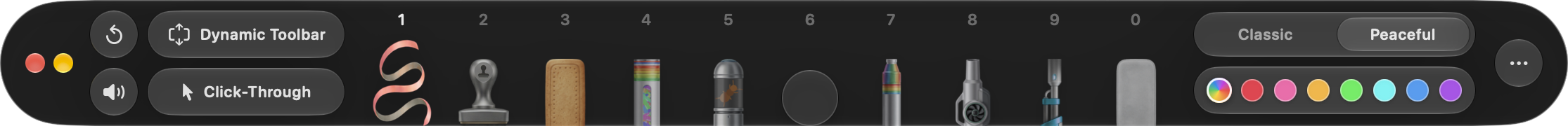DeskSmash toolbar with Peaceful selected, showing ribbons, stamps, biscuit, confetti, critters, juggle ball, painting, leafblower, bubbles, and polishing cloth